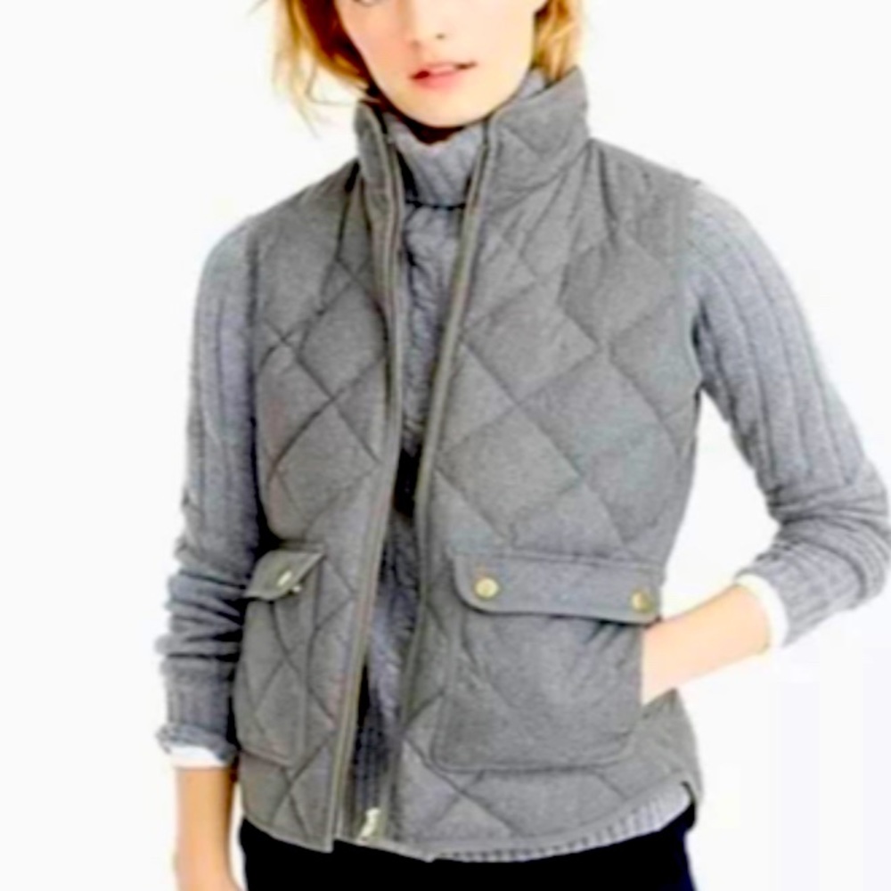 J Crew Excursion down filled quilted puffer vest in heathered gray, size L.